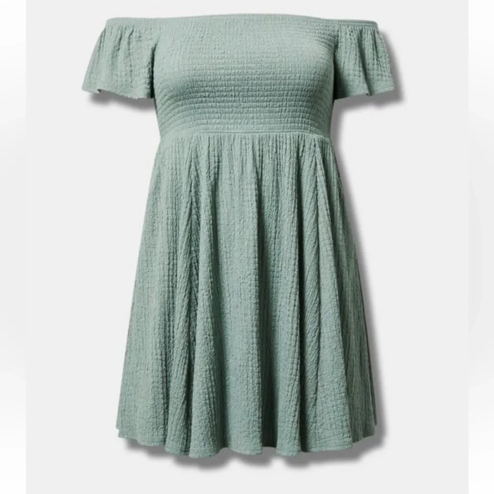 Torrid Sage Green Off-Shoulder Smocked Mini Dress - Size 1X - NWT! - Picture 7 of 10